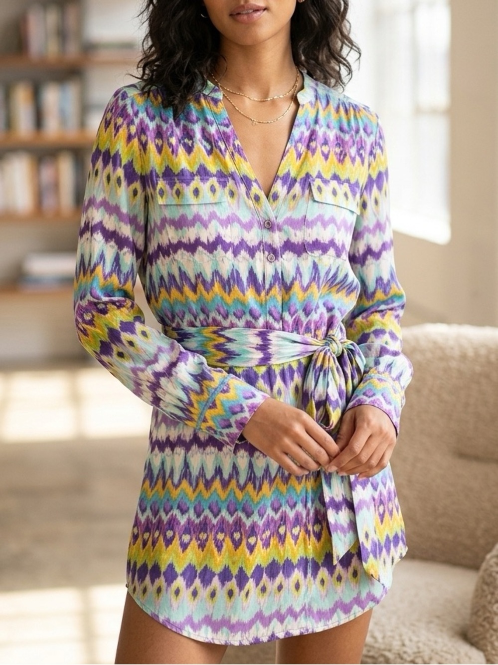Haute Hippie Silk Multi-Color Ikat Wrap Tunic Purple, Aqua & Yellow Small Boho